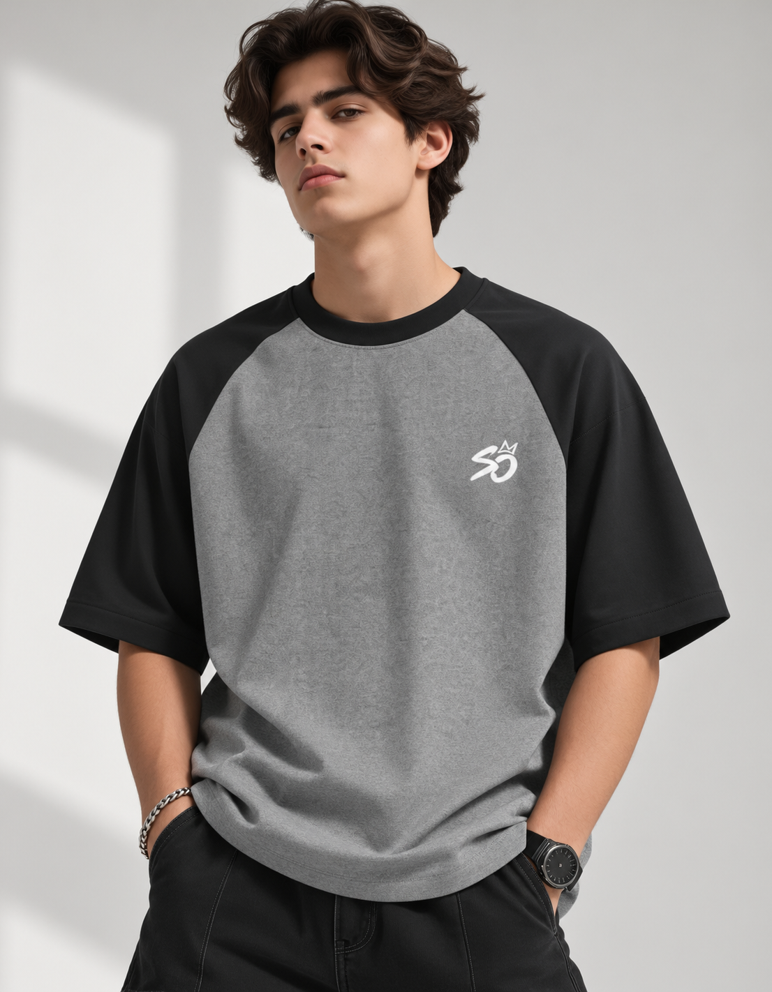 Oversized Raglan T-Shirt - Black Charcoal Melange Color